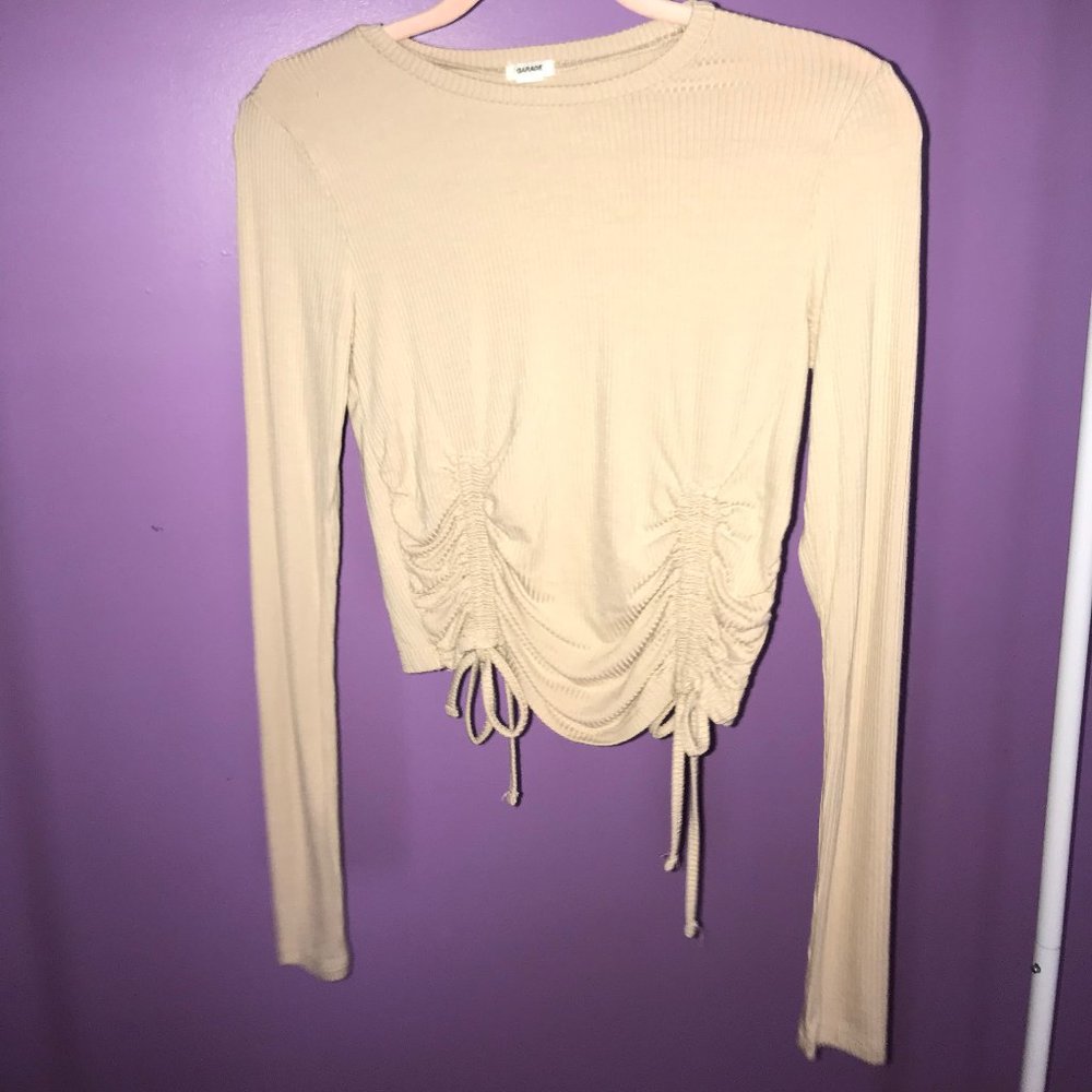 Tan Ruched Long Sleeve Crop Top